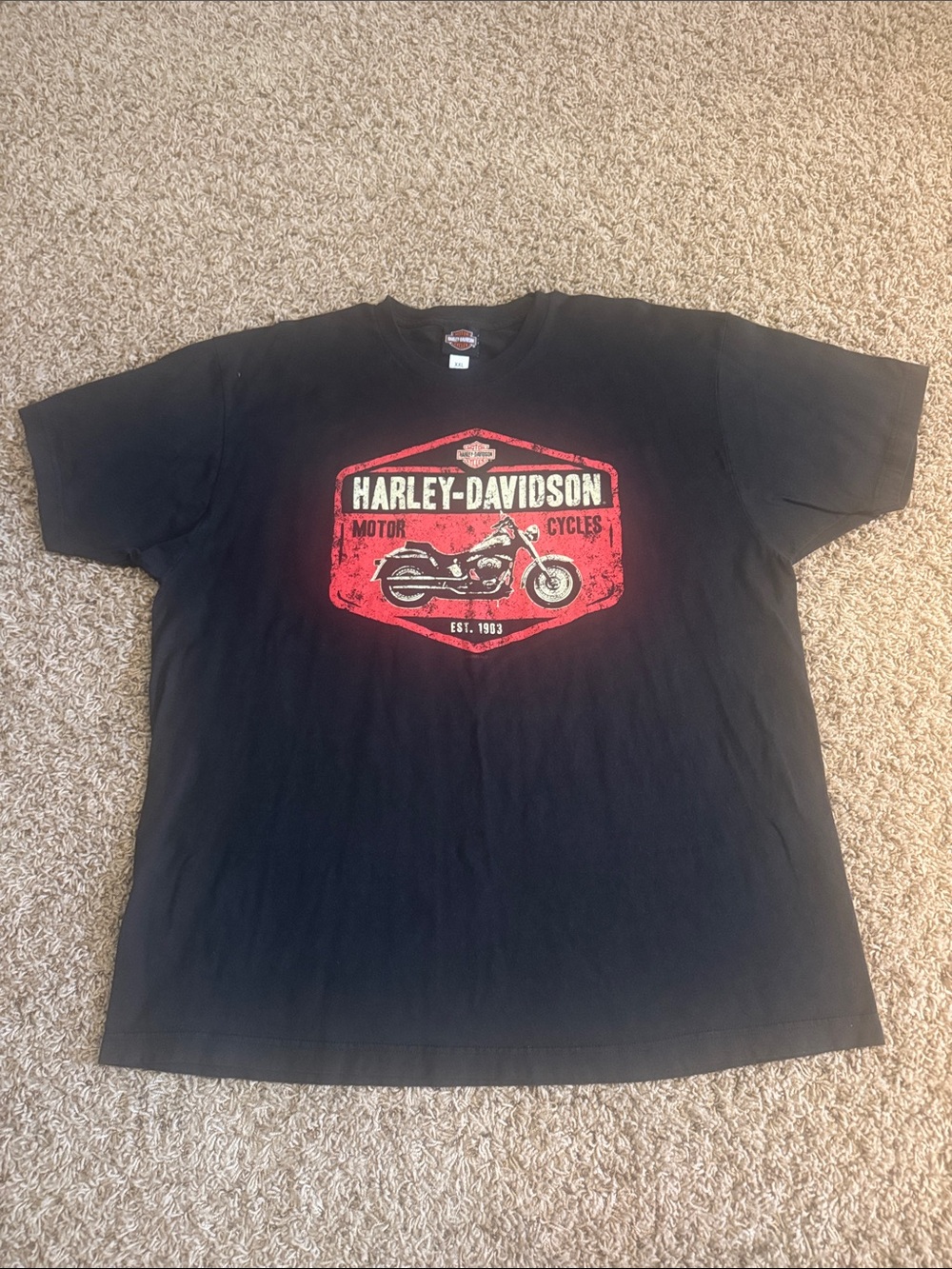 Harley-Davidson Black Tee with Red Crest and Motorcycle